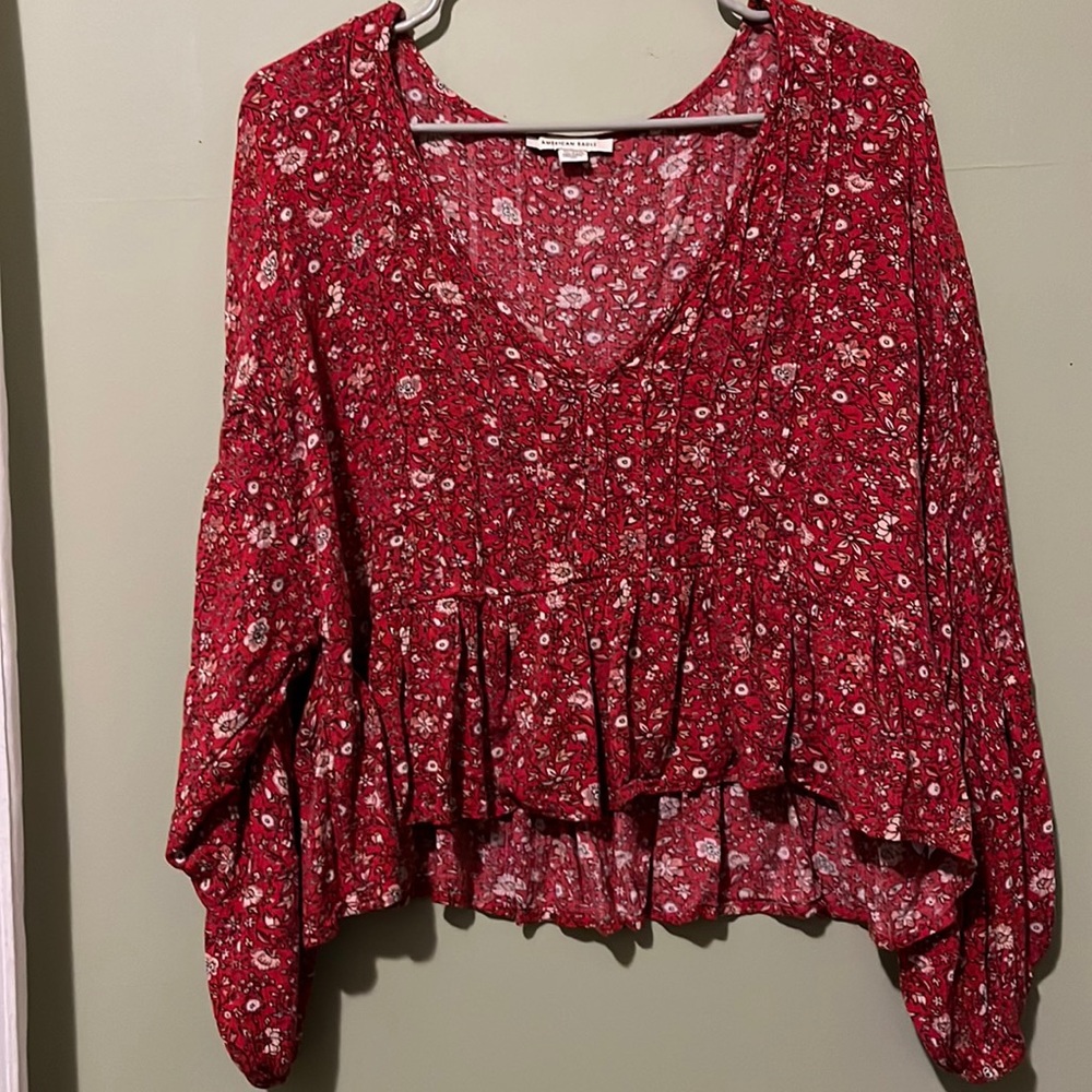 American Eagle Red Ditsy Floral Boho top